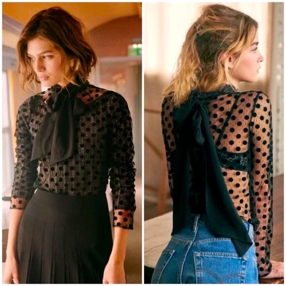 RARE Sezane Siam Black Polka Dot Sheer Tie-Neck Blouse